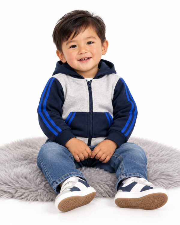ODDMODE Sporty Stripe Zip-Up Hoodie – Grey & Navy Blue