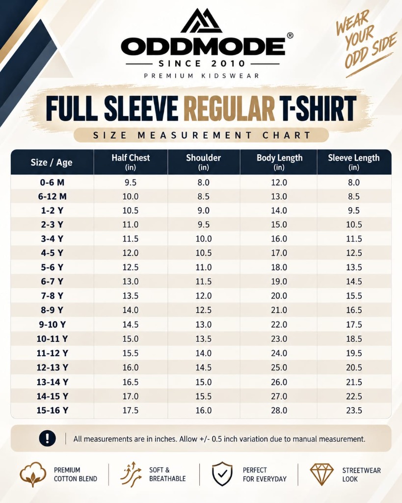 Full Sleeve T-Shirt Size Guide