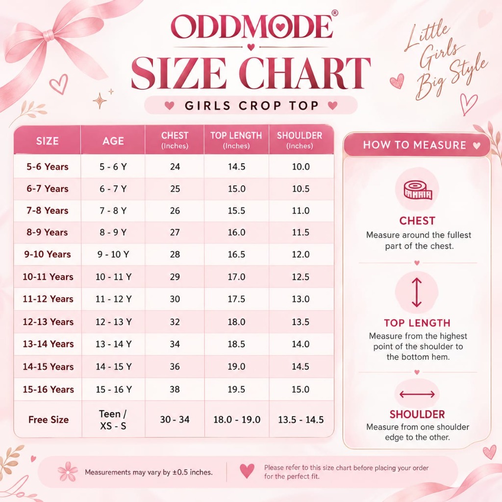 Girls Crop Top Size Guide