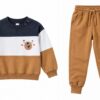 ODDMODE Happy Bear Colour-Block Sweatshirt & Jogger Set – Navy, White & Tan