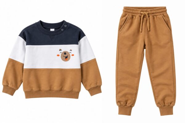 ODDMODE Happy Bear Colour-Block Sweatshirt & Jogger Set – Navy, White & Tan