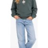 ODDMODE Floral Charm Girls’ Embroidered Sweatshirt – Muted Forest Green
