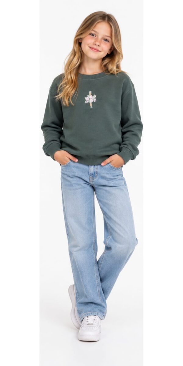 ODDMODE Floral Charm Girls’ Embroidered Sweatshirt – Muted Forest Green