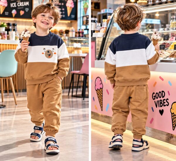 ODDMODE Happy Bear Colour-Block Sweatshirt & Jogger Set – Navy, White & Tan