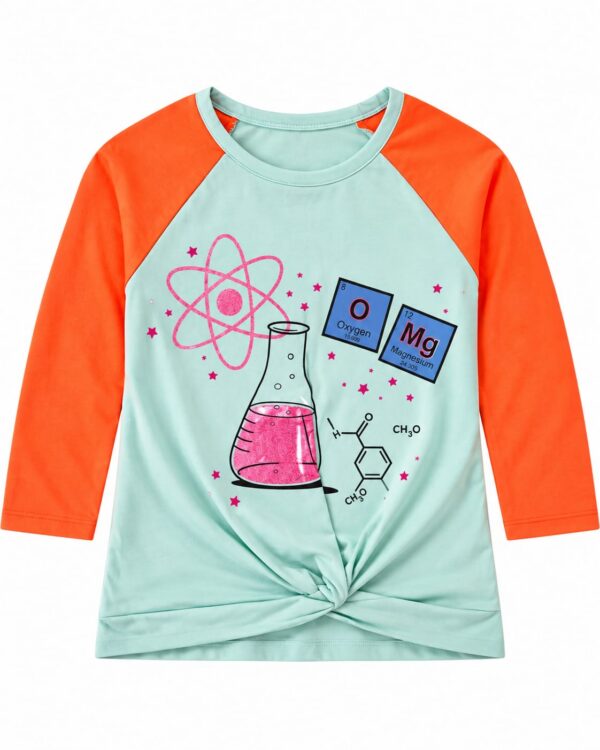 ODDMODE Girls Science Spark Raglan 100% Cotton Full-Sleeve Top — Mint Green & Orange