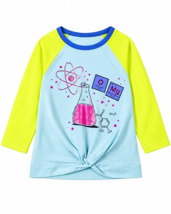 ODDMODE Girls Science Spark Raglan 100% Cotton Full-Sleeve Top — Sky Blue & Neon Yellow