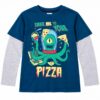 ODDMODE Alien Pizza Fun Cotton Layered-Sleeve T-Shirt – Blue & Grey