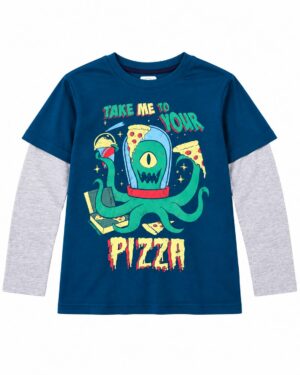ODDMODE Alien Pizza Fun Cotton Layered-Sleeve T-Shirt – Blue & Grey
