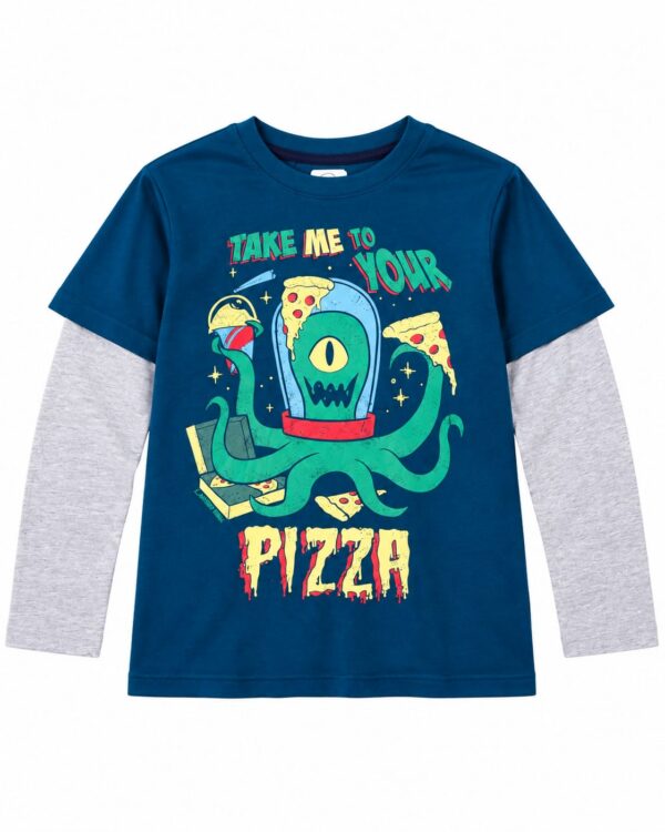 ODDMODE Alien Pizza Fun Cotton Layered-Sleeve T-Shirt – Blue & Grey