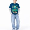 ODDMODE Alien Pizza Fun Cotton Layered-Sleeve T-Shirt – Blue & Grey