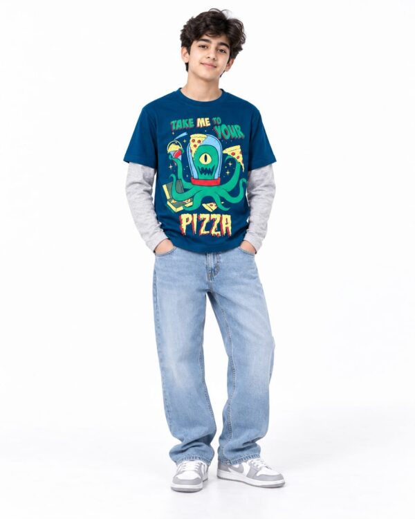 ODDMODE Alien Pizza Fun Cotton Layered-Sleeve T-Shirt – Blue & Grey