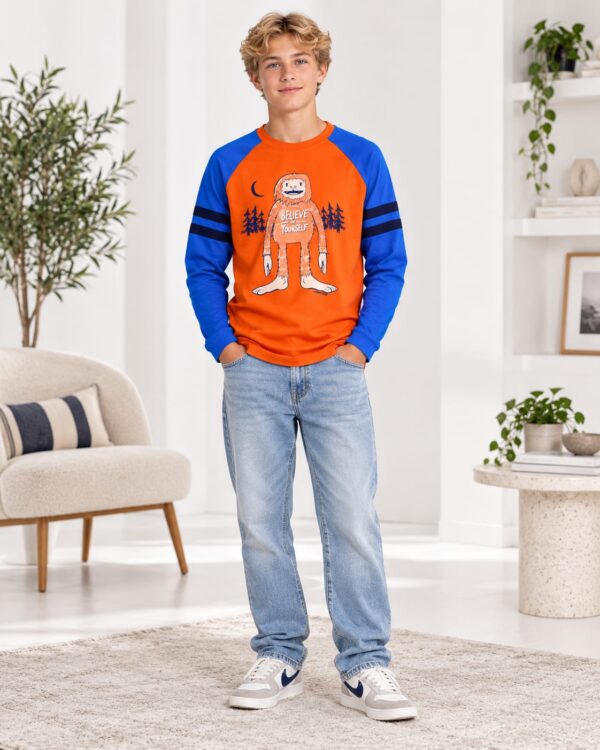 p9.3 ODDMODE Believe in Yourself Cotton Raglan Full-Sleeve T-Shirt – Orange & Blue